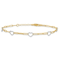 14K Two-tone Paperclip Link Heart 9in Plus 1in ext. Anklet-ANK335-9