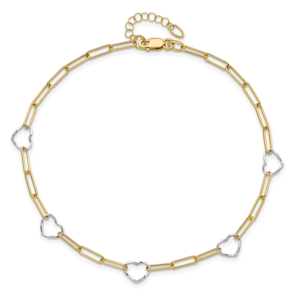 14K Two-tone Paperclip Link Heart 9in Plus 1in ext. Anklet-ANK335-9