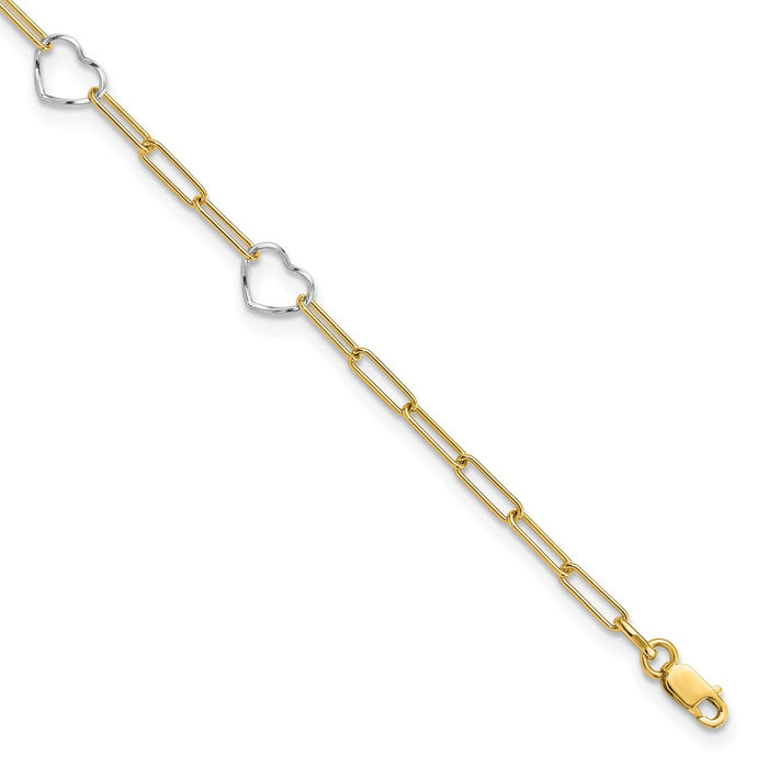 14K Two-tone Paperclip Link Heart 9in Plus 1in ext. Anklet-ANK335-9