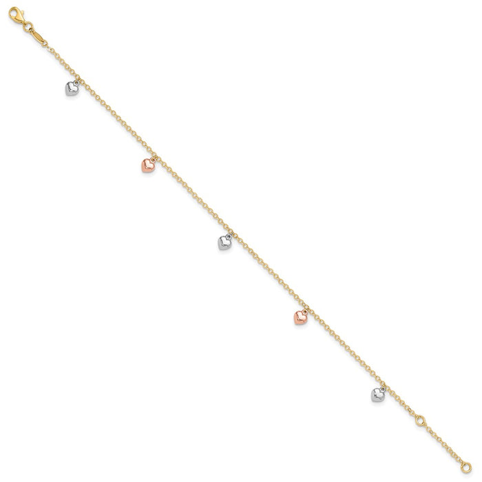 14K Tri-color Polished Hearts 9in Plus 1in ext. Anklet-ANK336-9