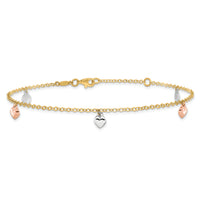 14K Tri-color Polished Hearts 9in Plus 1in ext. Anklet-ANK336-9
