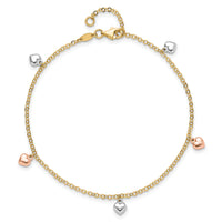14K Tri-color Polished Hearts 9in Plus 1in ext. Anklet-ANK336-9