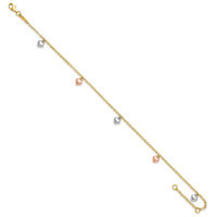 14K Tri-color Polished Hearts 9in Plus 1in ext. Anklet-ANK336-9
