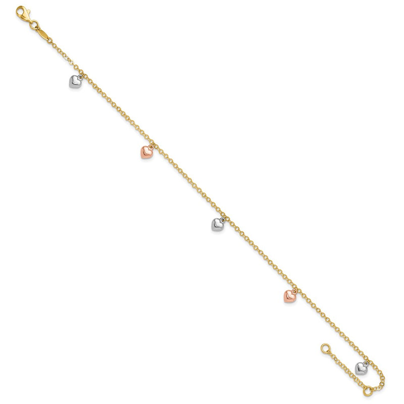 14K Tri-color Polished Hearts 9in Plus 1in ext. Anklet-ANK336-9