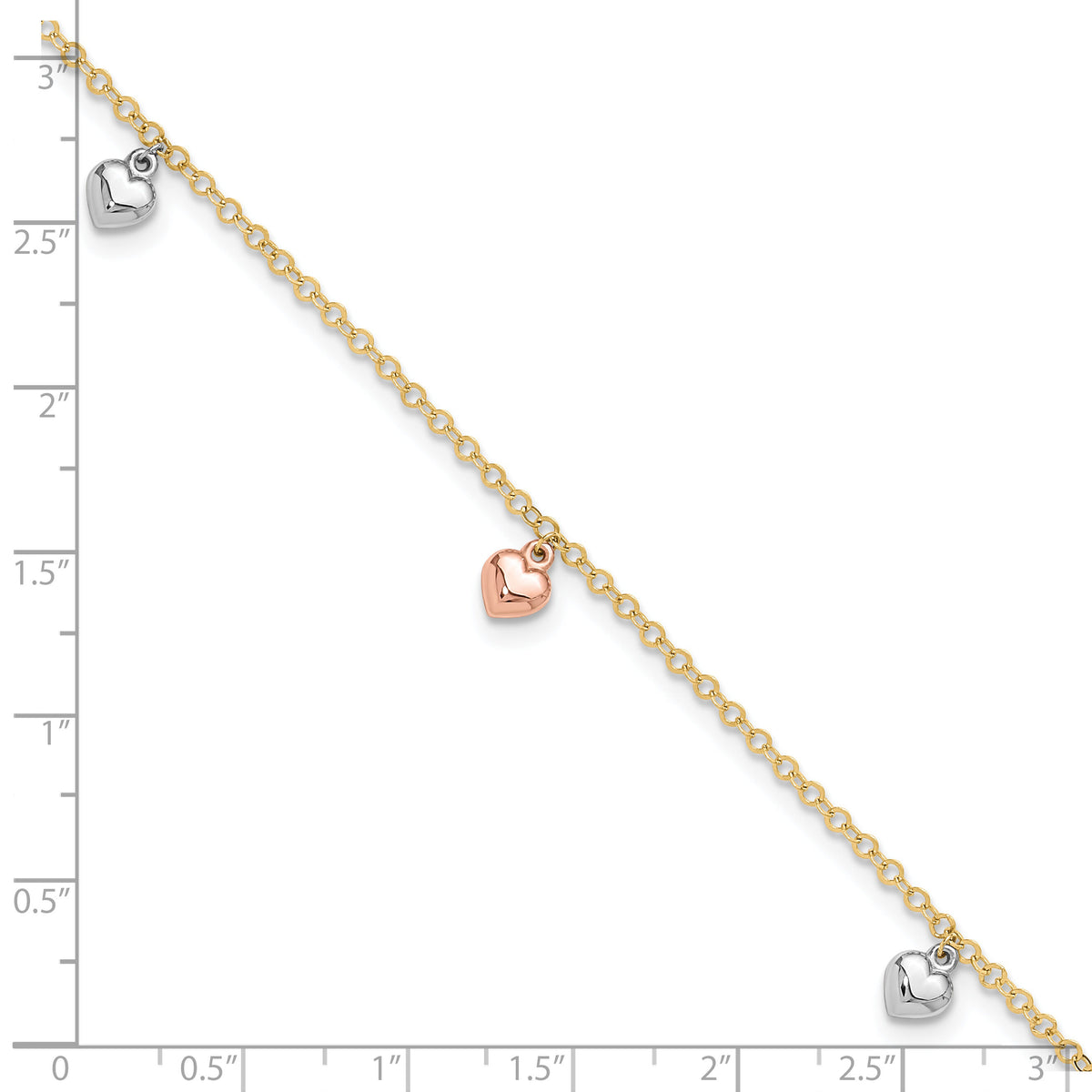 14K Tri-color Polished Hearts 9in Plus 1in ext. Anklet-ANK336-9