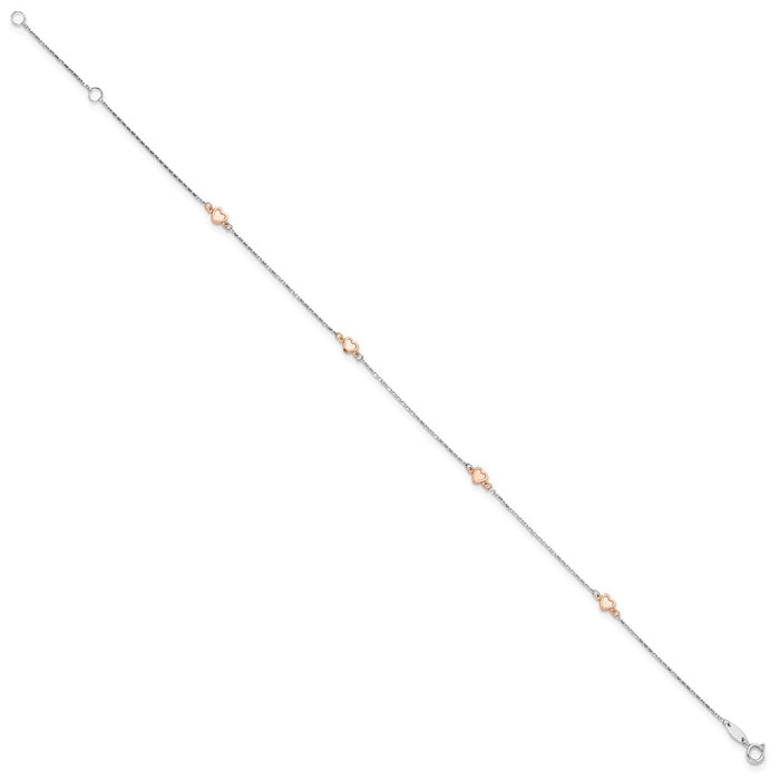 14K Two-tone White and Rose Satin Hearts 9in Plus 1in ext. Anklet-ANK338-9