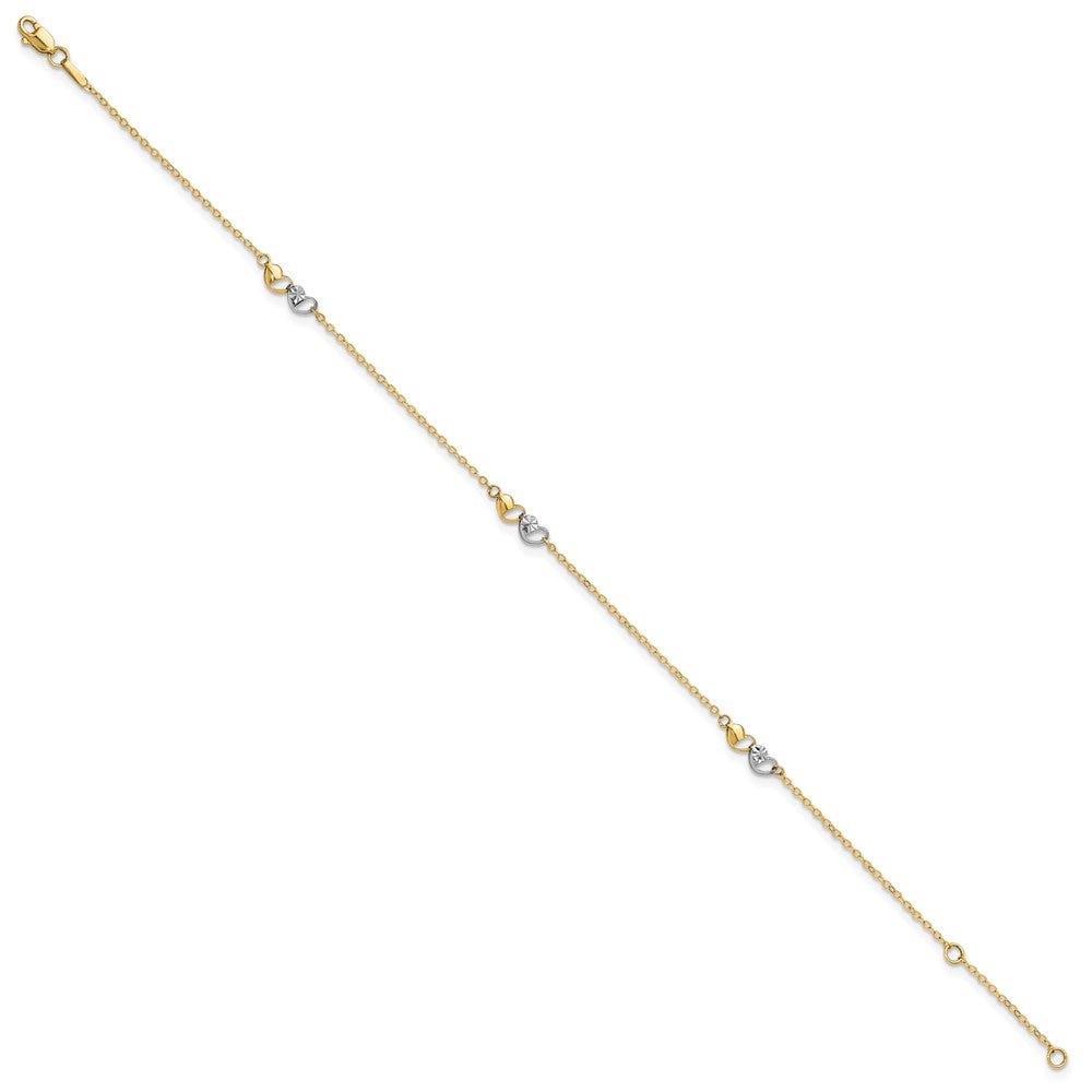 14k Two-tone Polished and D/C Hearts 9in Plus 1in ext. Anklet-ANK339-9