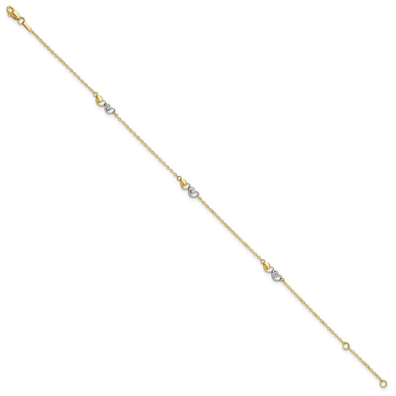 14k Two-tone Polished and D/C Hearts 9in Plus 1in ext. Anklet-ANK339-9