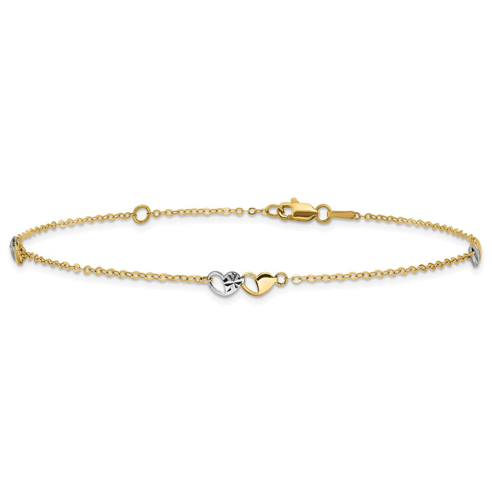 14k Two-tone Polished and D/C Hearts 9in Plus 1in ext. Anklet-ANK339-9