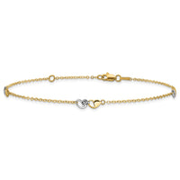 14k Two-tone Polished and D/C Hearts 9in Plus 1in ext. Anklet-ANK339-9