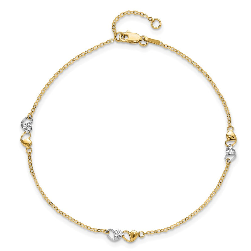 14k Two-tone Polished and D/C Hearts 9in Plus 1in ext. Anklet-ANK339-9