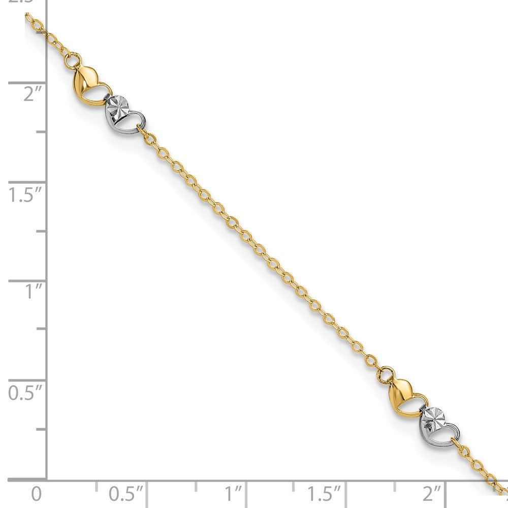 14k Two-tone Polished and D/C Hearts 9in Plus 1in ext. Anklet-ANK339-9