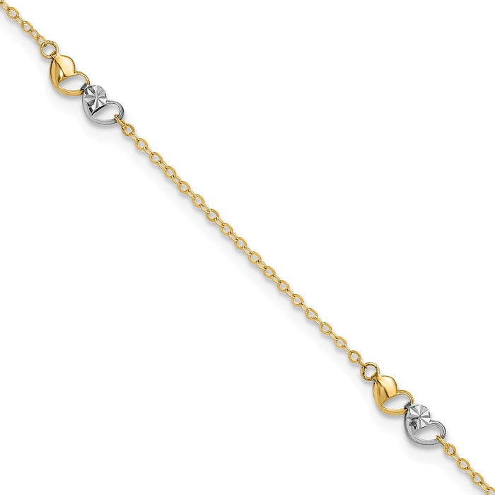 14k Two-tone Polished and D/C Hearts 9in Plus 1in ext. Anklet-ANK339-9