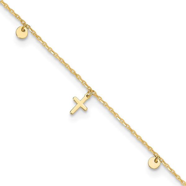 14K Polished Crosses 9in Plus 2in ext. Anklet-ANK341-9
