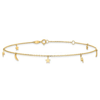 14K Polished Moon Star and Lightning 9in Plus 1in ext. Anklet-ANK342-9