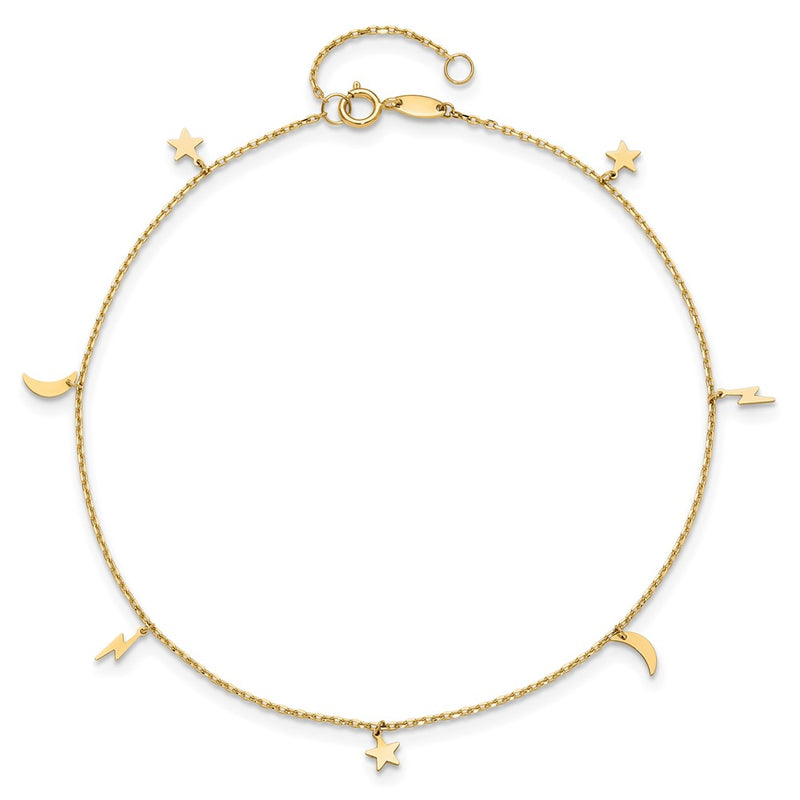 14K Polished Moon Star and Lightning 9in Plus 1in ext. Anklet-ANK342-9