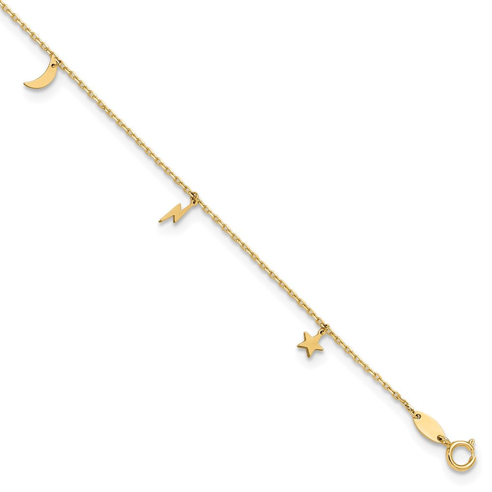 14K Polished Moon Star and Lightning 9in Plus 1in ext. Anklet-ANK342-9