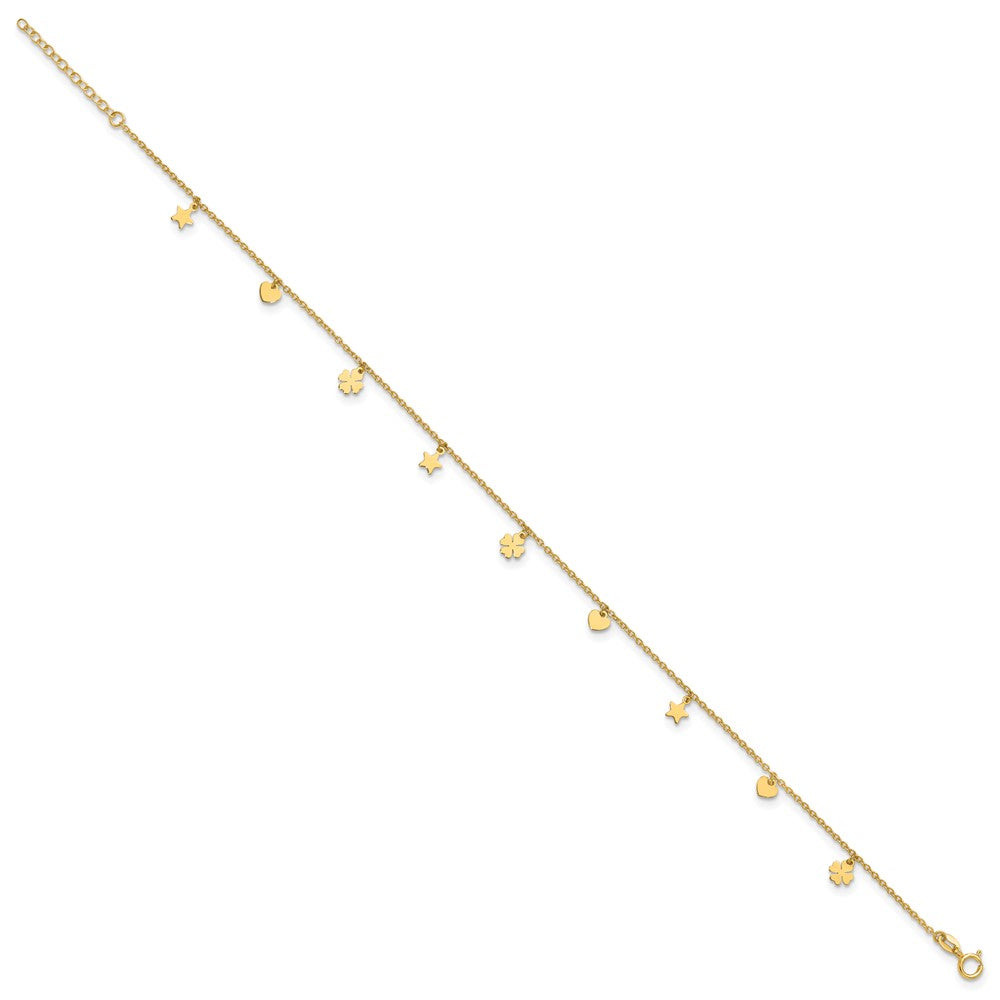 14K Polished Stars Hearts & Clovers 9in Plus 1in extension Anklet-ANK346-9