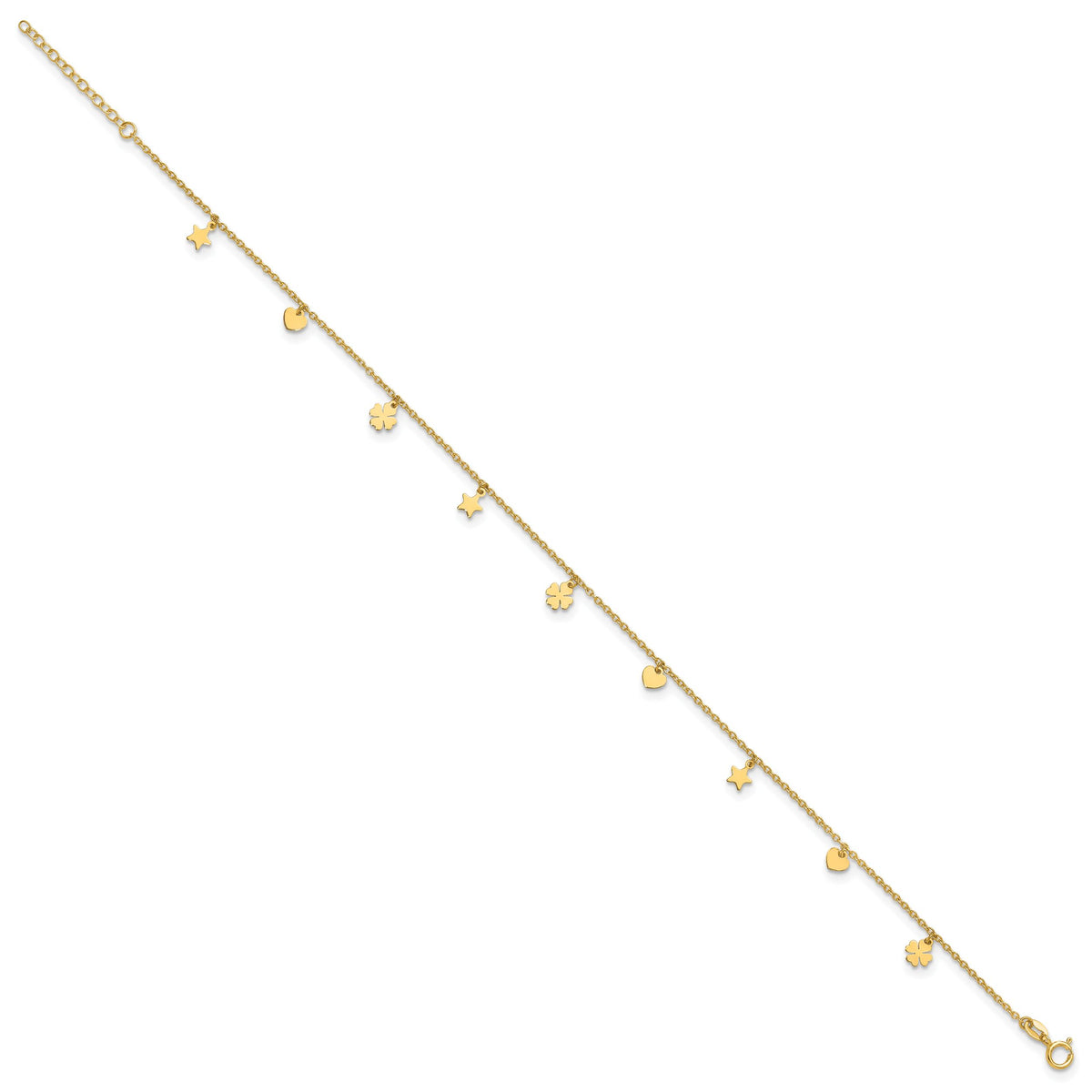 14K Polished Stars Hearts & Clovers 9in Plus 1in extension Anklet-ANK346-9