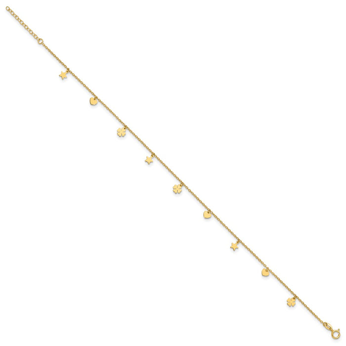 14K Polished Stars Hearts & Clovers 9in Plus 1in extension Anklet-ANK346-9