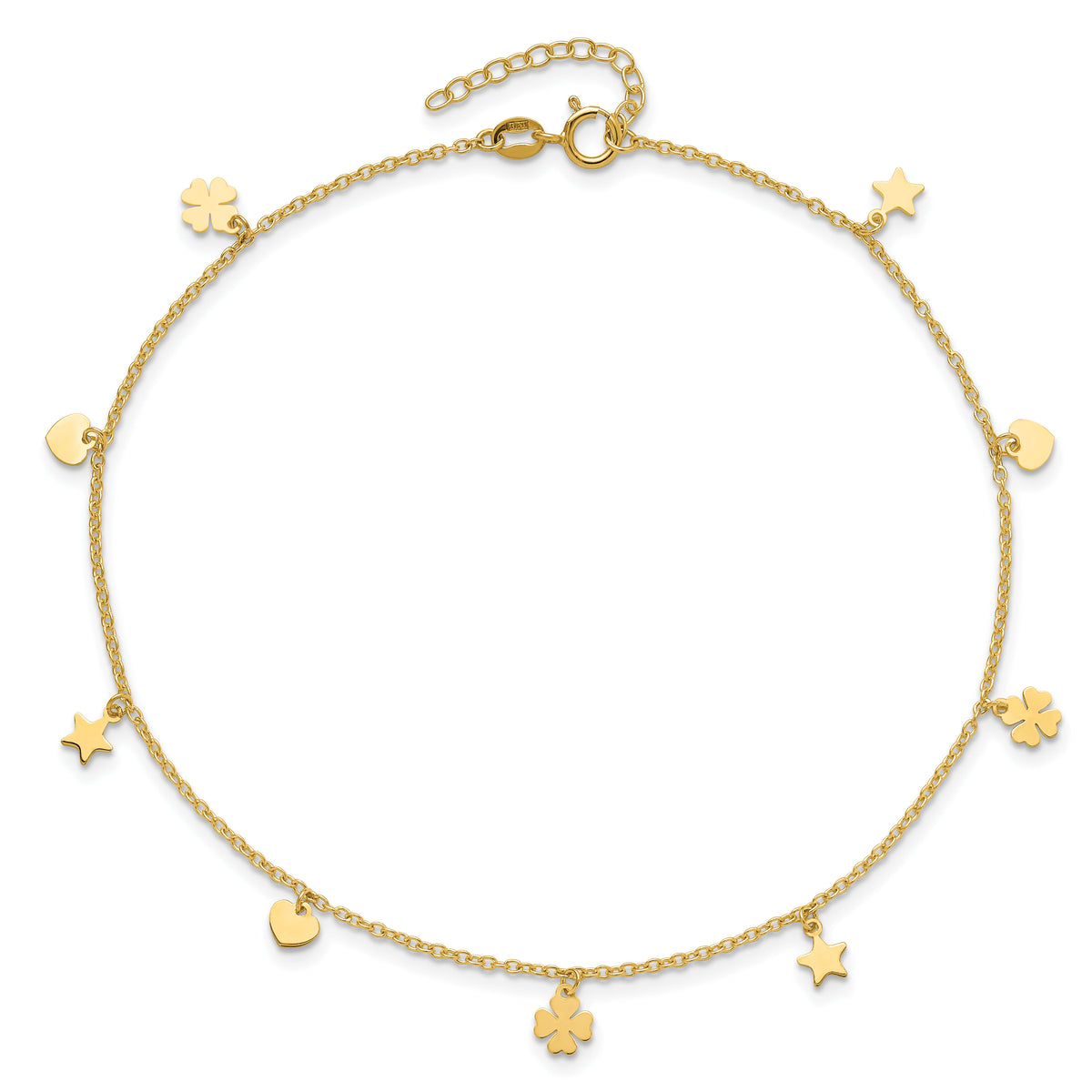 14K Polished Stars Hearts & Clovers 9in Plus 1in extension Anklet-ANK346-9