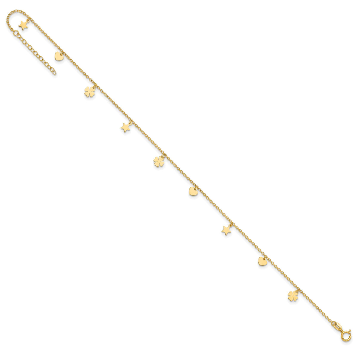 14K Polished Stars Hearts & Clovers 9in Plus 1in extension Anklet-ANK346-9