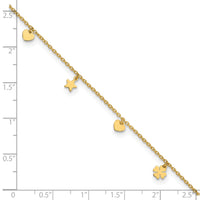14K Polished Stars Hearts & Clovers 9in Plus 1in extension Anklet-ANK346-9