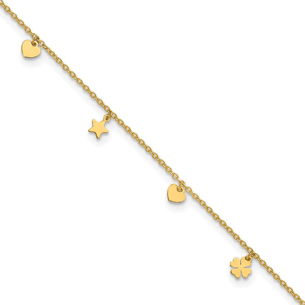 14K Polished Stars Hearts & Clovers 9in Plus 1in extension Anklet-ANK346-9