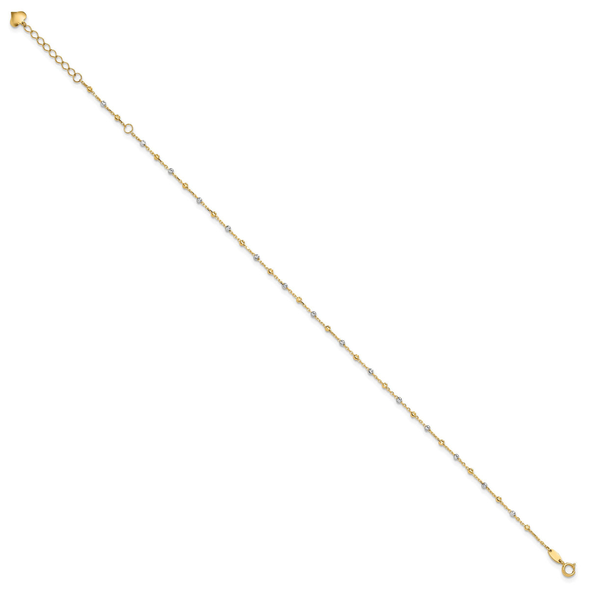 14K Two-tone Polished and Diamond-cut Beads 10in Plus 1in ext. Anklet-ANK349-10