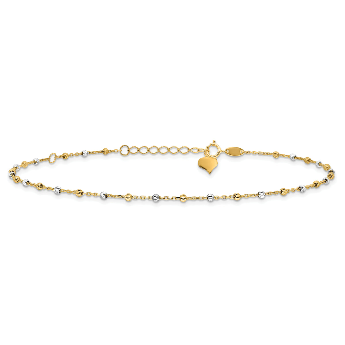 14K Two-tone Polished and Diamond-cut Beads 10in Plus 1in ext. Anklet-ANK349-10