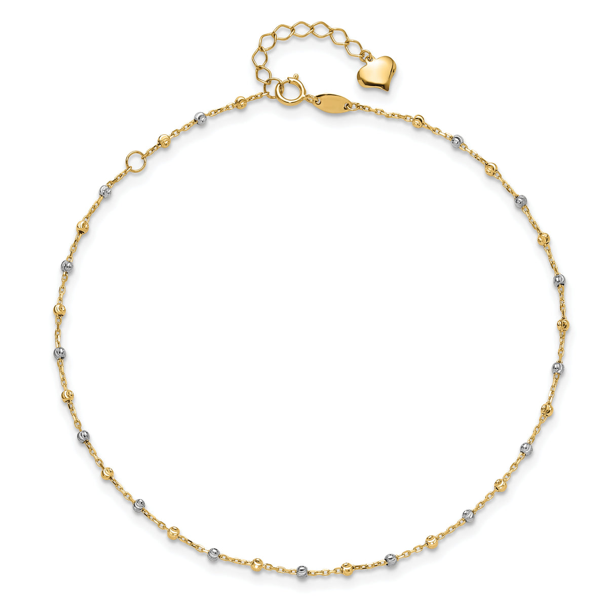 14K Two-tone Polished and Diamond-cut Beads 10in Plus 1in ext. Anklet-ANK349-10