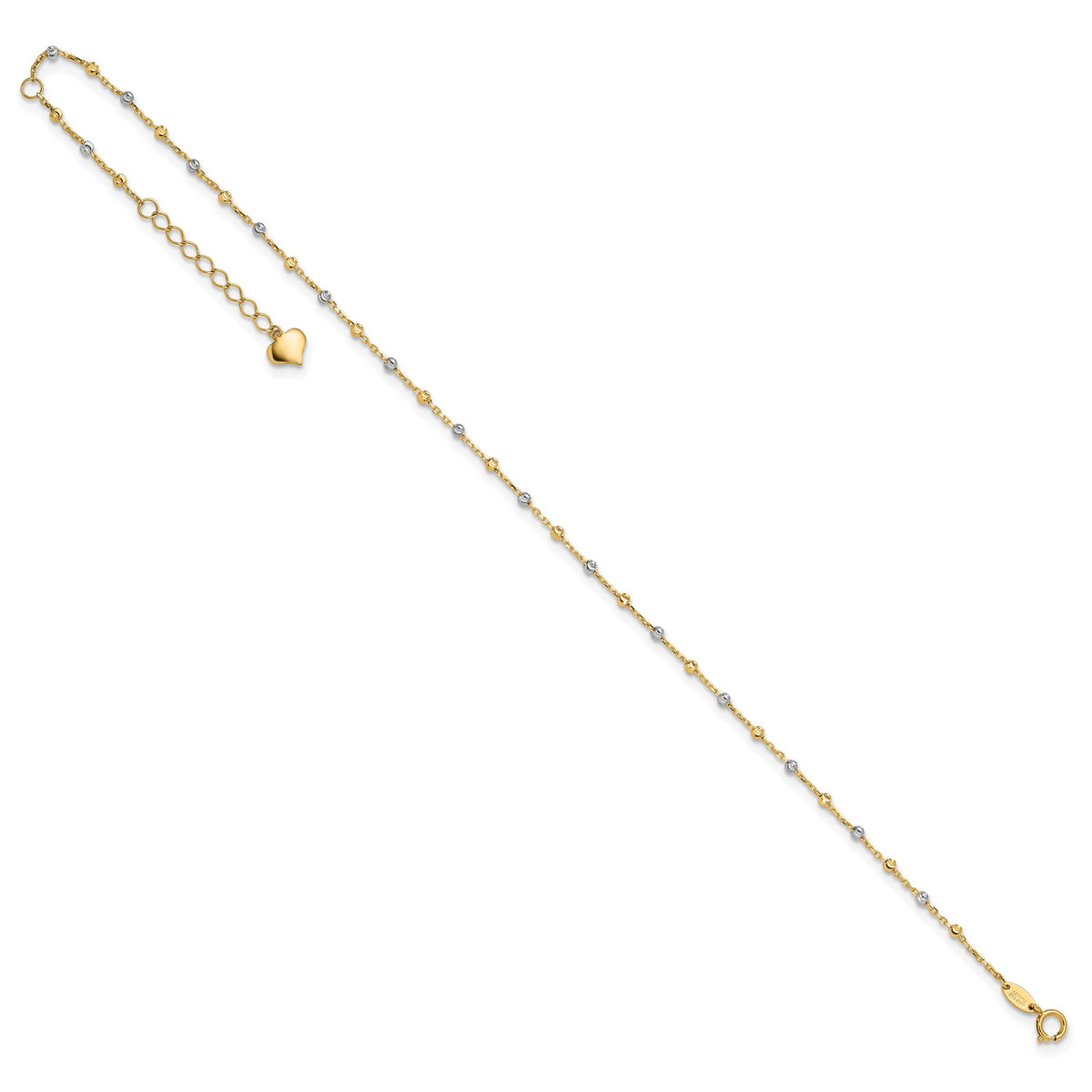 14K Two-tone Polished and Diamond-cut Beads 10in Plus 1in ext. Anklet-ANK349-10