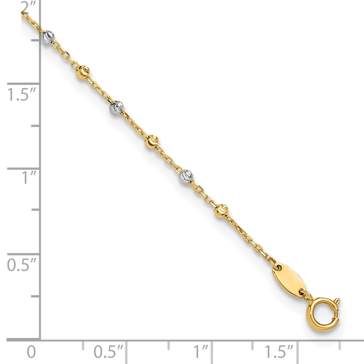 14K Two-tone Polished and Diamond-cut Beads 10in Plus 1in ext. Anklet-ANK349-10