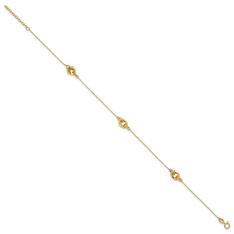 14K Polished Three Station Fancy Link 9in Plus 1in extension Anklet-ANK352-9