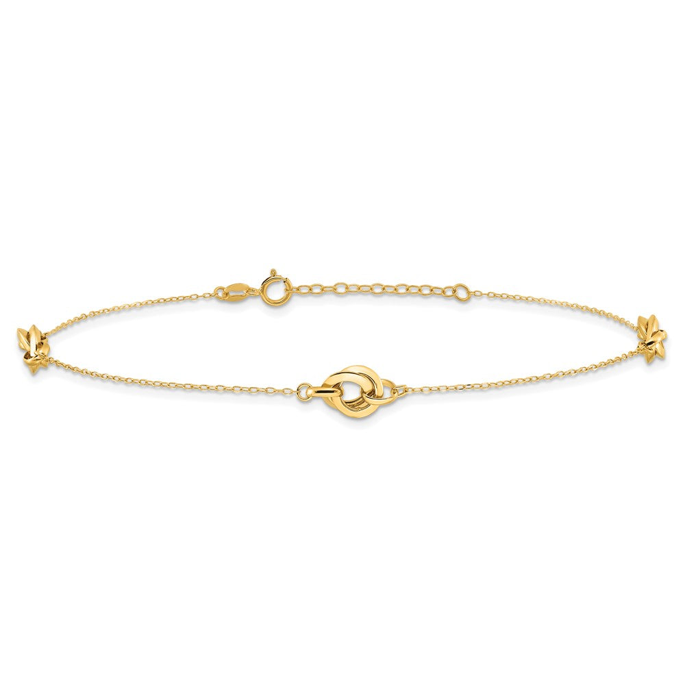 14K Polished Three Station Fancy Link 9in Plus 1in extension Anklet-ANK352-9