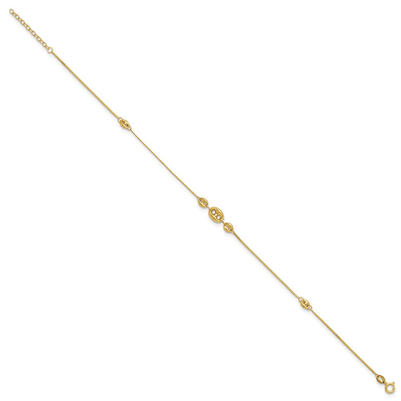 14K Polished Fancy Link Three Station 9in Plus 1in extension Anklet-ANK353-9
