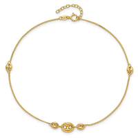14K Polished Fancy Link Three Station 9in Plus 1in extension Anklet-ANK353-9