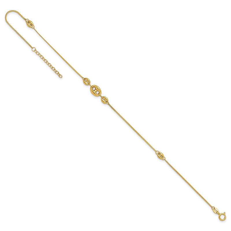 14K Polished Fancy Link Three Station 9in Plus 1in extension Anklet-ANK353-9