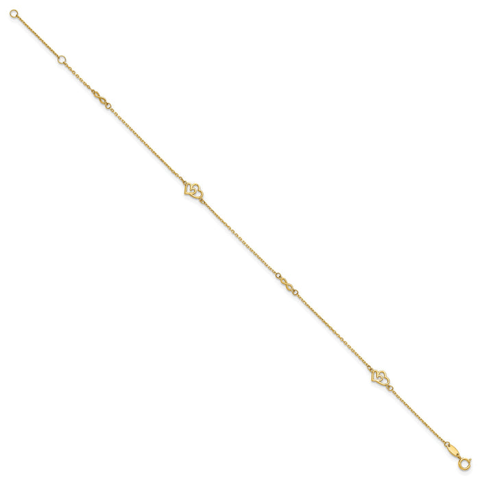 14k Polished Hearts and Infinity 9in Plus 1in ext. Anklet-ANK354-9