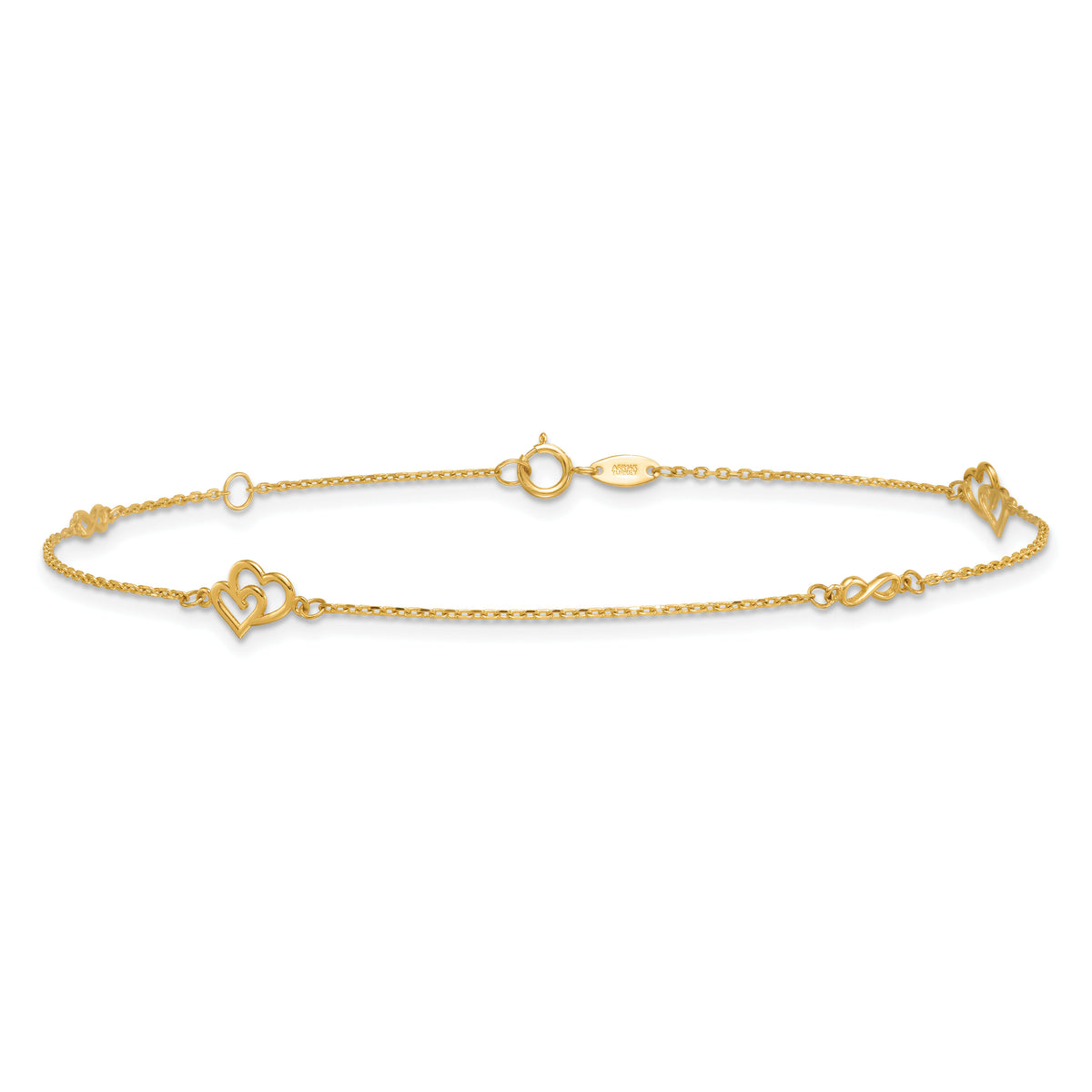 14k Polished Hearts and Infinity 9in Plus 1in ext. Anklet-ANK354-9