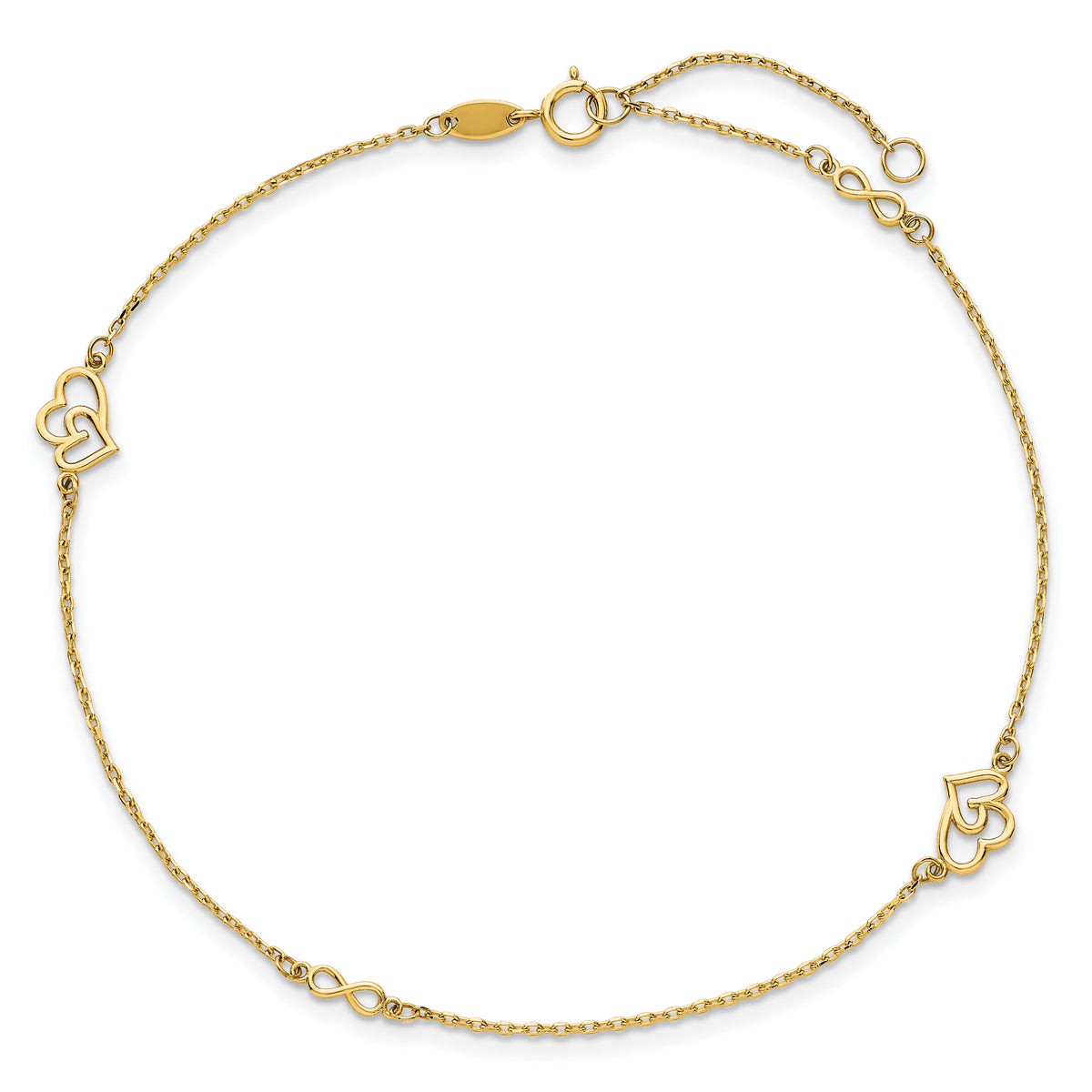 14k Polished Hearts and Infinity 9in Plus 1in ext. Anklet-ANK354-9