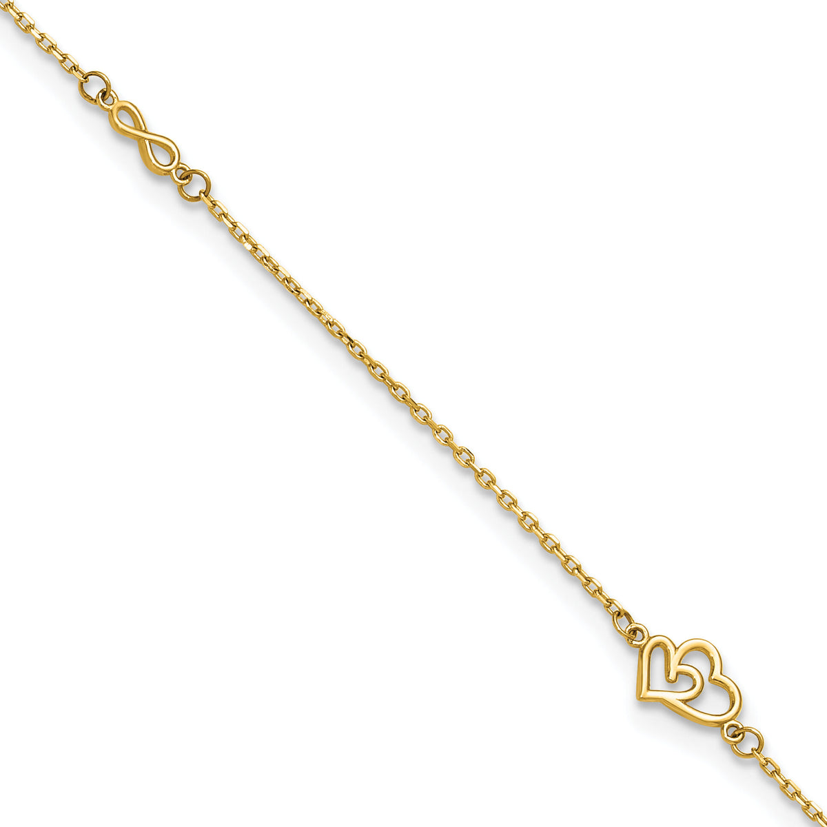 14k Polished Hearts and Infinity 9in Plus 1in ext. Anklet-ANK354-9