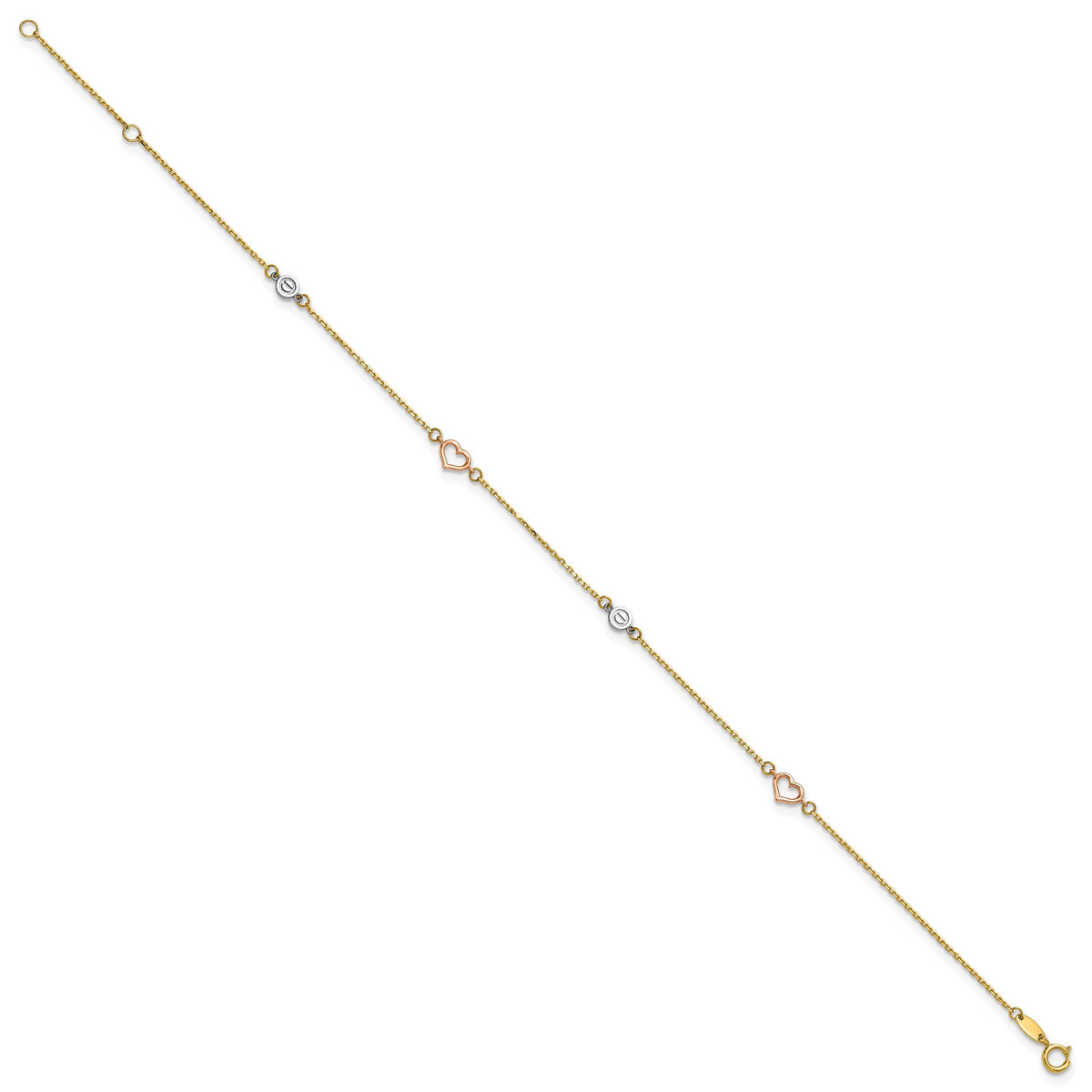 14k Tri-color Polished 9in Plus 1in ext. Hearts and Circles Anklet-ANK355-9