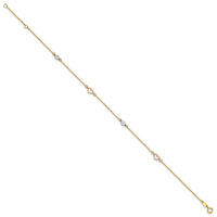 14k Tri-color Polished 9in Plus 1in ext. Hearts and Circles Anklet-ANK355-9