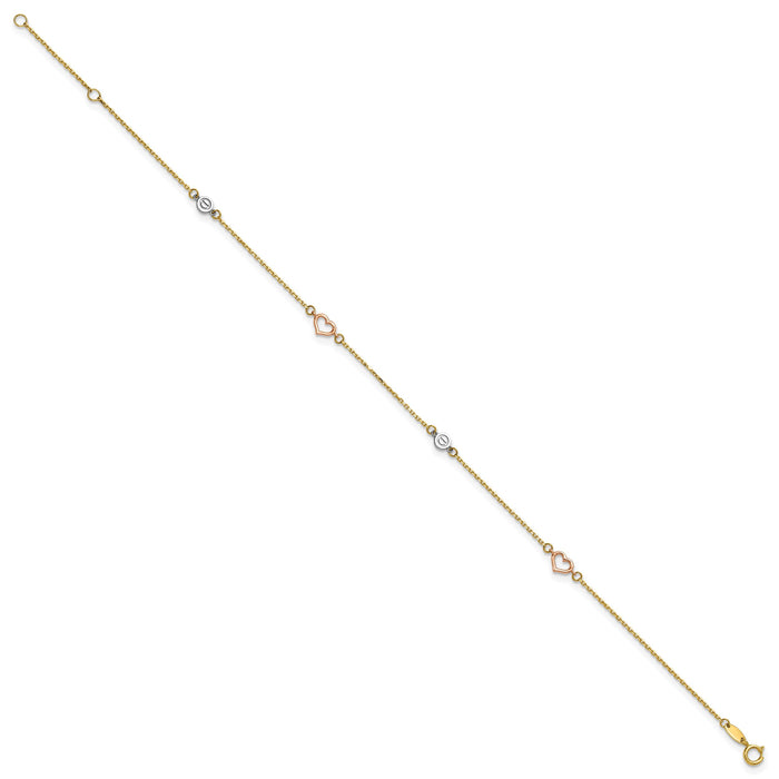 14k Tri-color Polished 9in Plus 1in ext. Hearts and Circles Anklet-ANK355-9