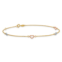 14k Tri-color Polished 9in Plus 1in ext. Hearts and Circles Anklet-ANK355-9