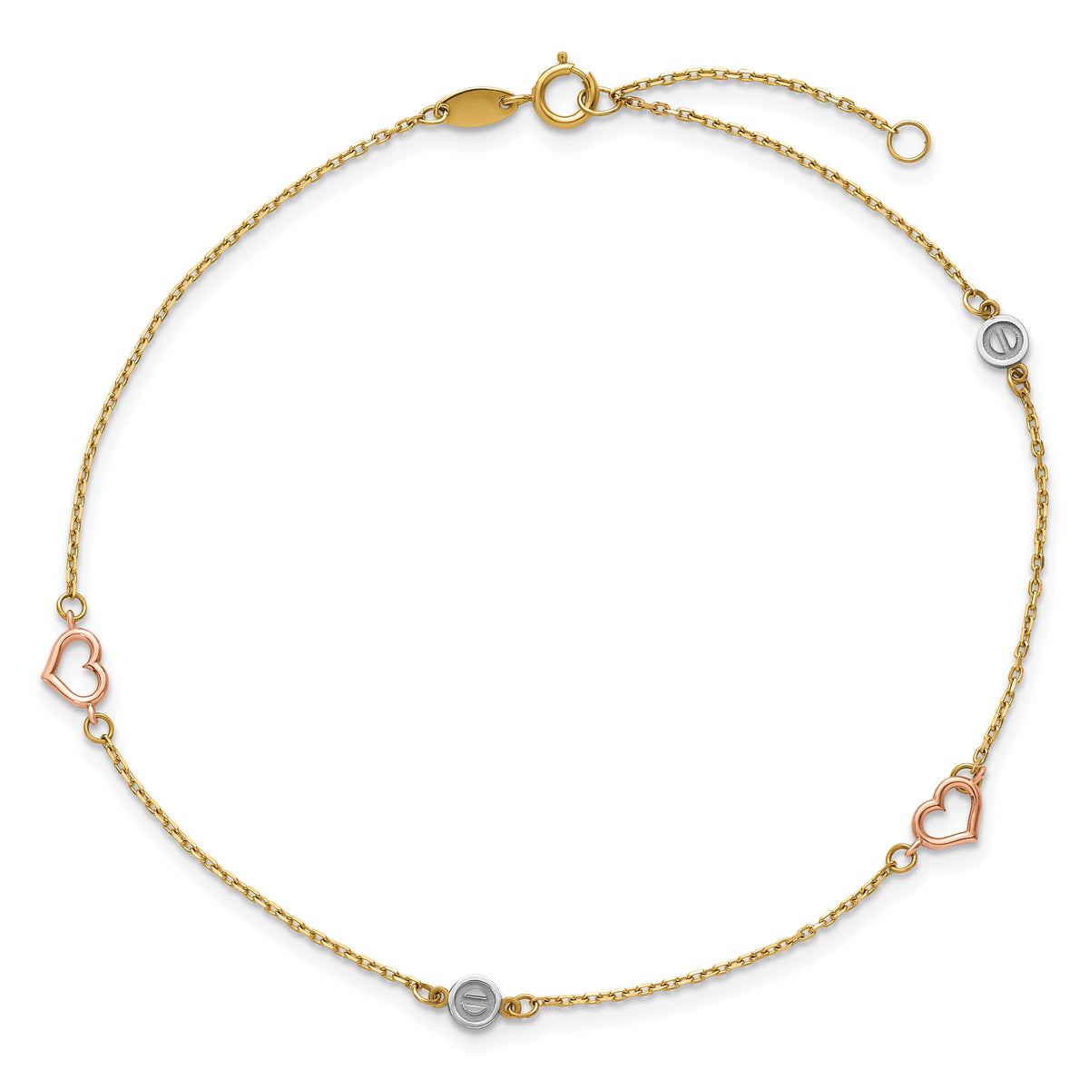 14k Tri-color Polished 9in Plus 1in ext. Hearts and Circles Anklet-ANK355-9