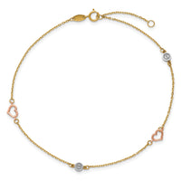 14k Tri-color Polished 9in Plus 1in ext. Hearts and Circles Anklet-ANK355-9
