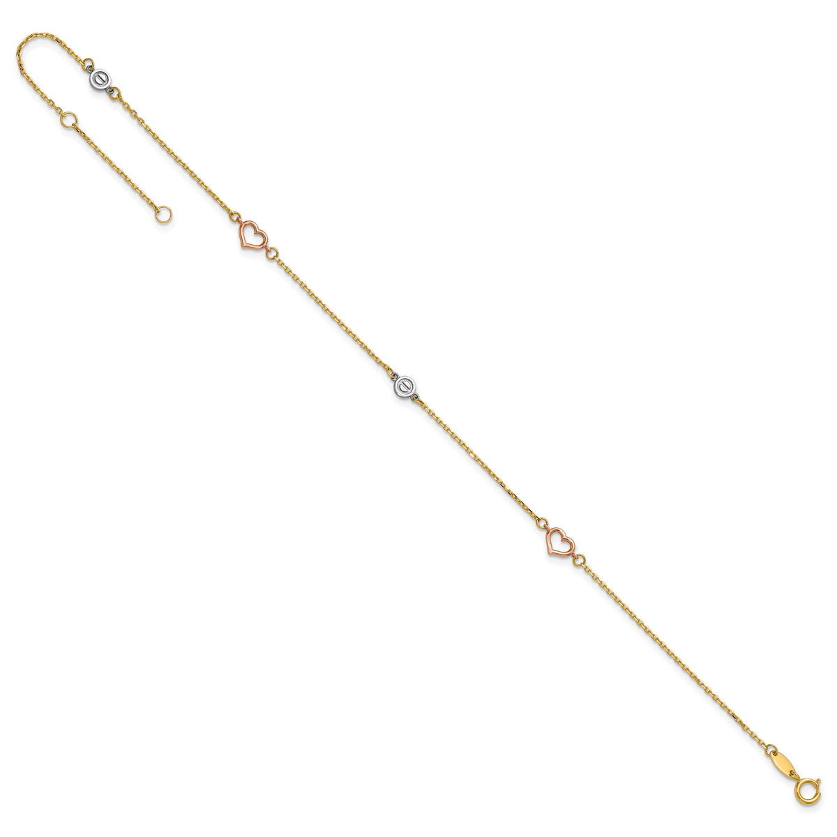 14k Tri-color Polished 9in Plus 1in ext. Hearts and Circles Anklet-ANK355-9
