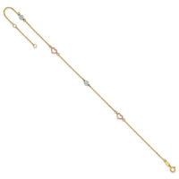 14k Tri-color Polished 9in Plus 1in ext. Hearts and Circles Anklet-ANK355-9